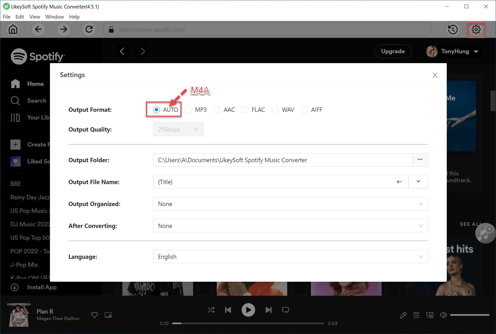 set m4a as output format