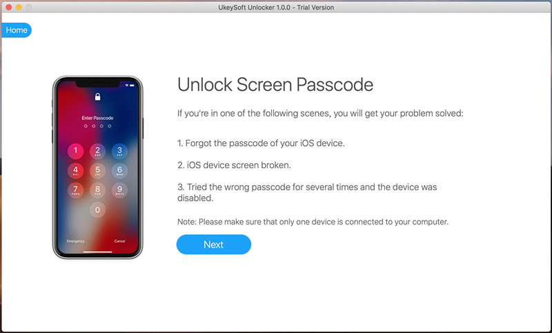 手順1.UkeySoft Unlockerを起動し、iPhoneをコンピューターに接続します。