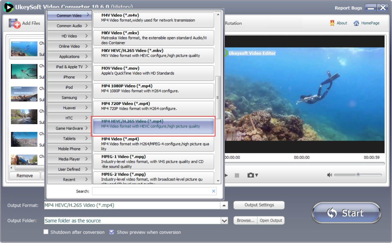 Choose MP4 HEVC/H.265 as output format