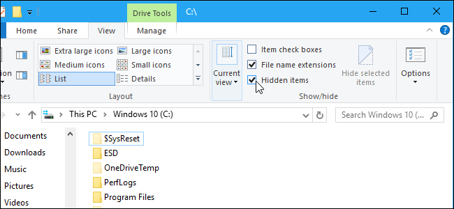 show hidden file in windows 10