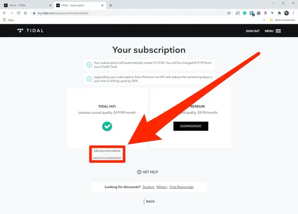 cancel subscription on Tidal web