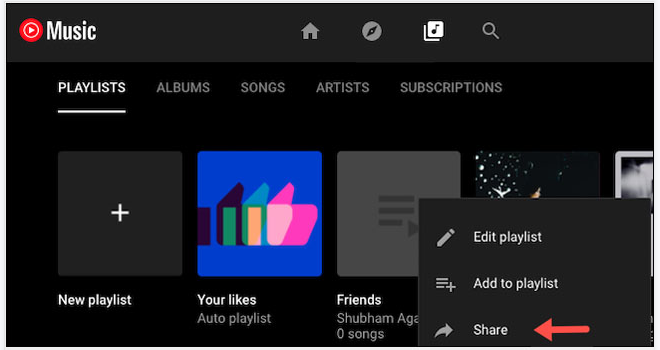 copy youtube music playlist link on web